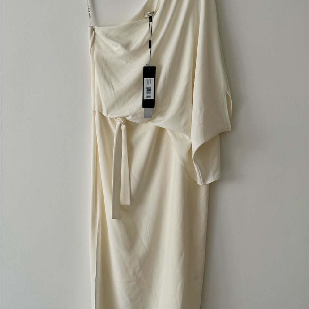 Halston Heritage size 8 Cream One-Shoulder Dress Stretch Crepe